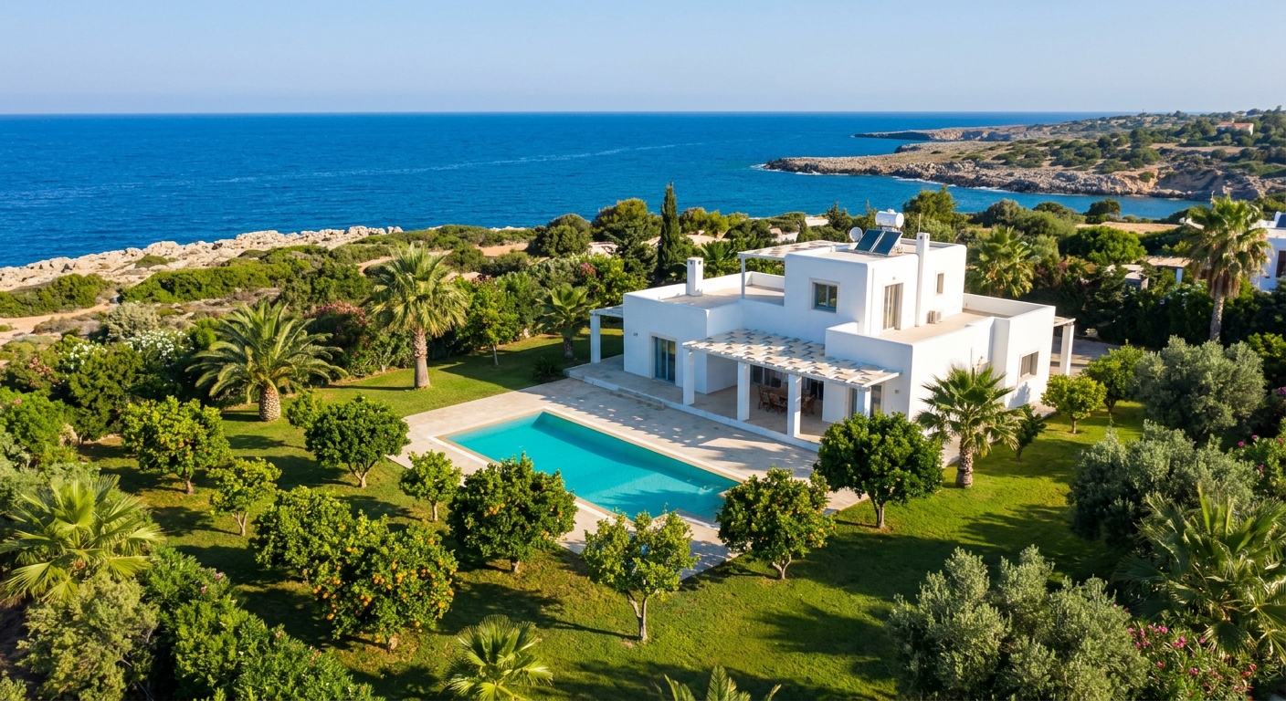 Girne villa havuz ve bahçe drone görüntüsü